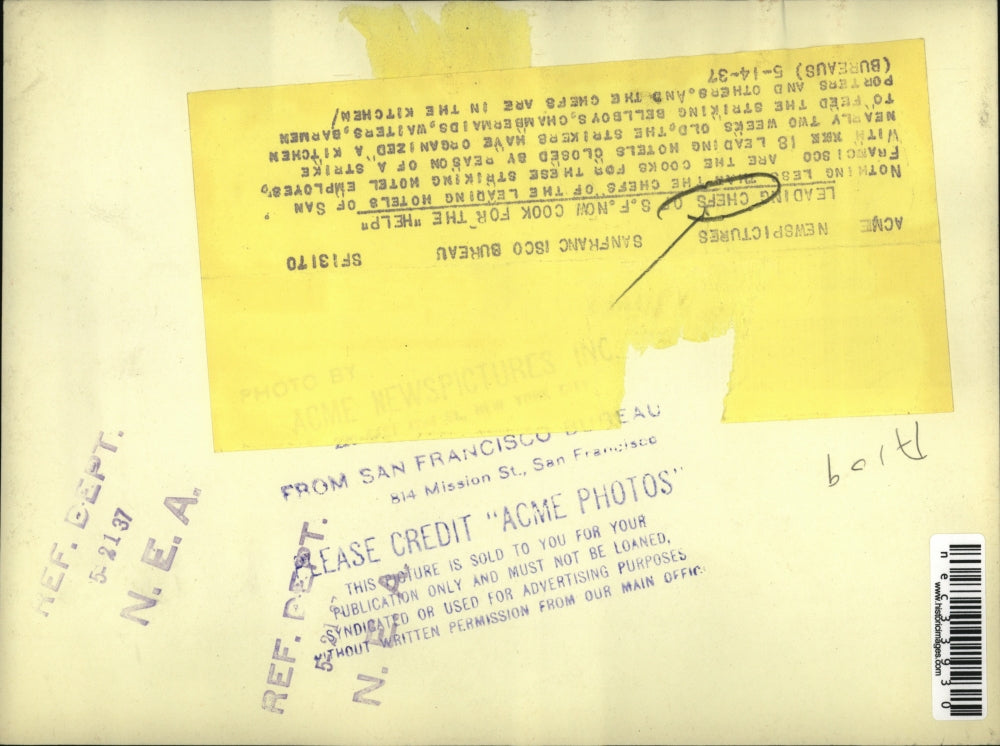 1937 Press Photo San Francisco top chefs cook for hotel employees during strike