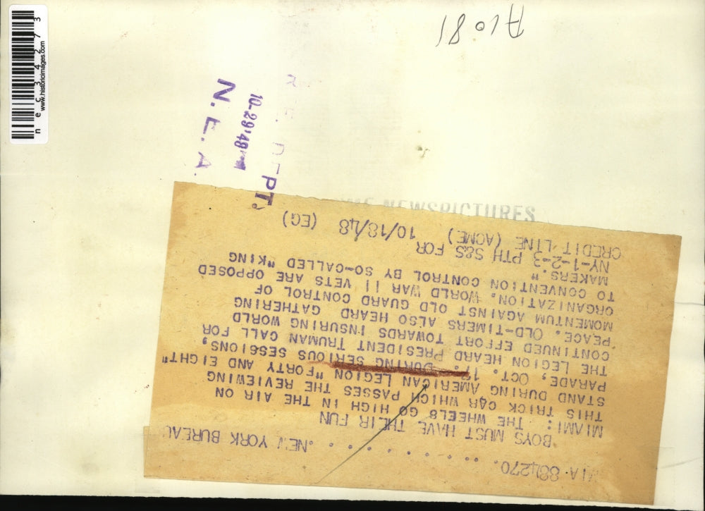 1948 Press Photo Trick Car Passes Stand At American Legion Forty Eight Parade