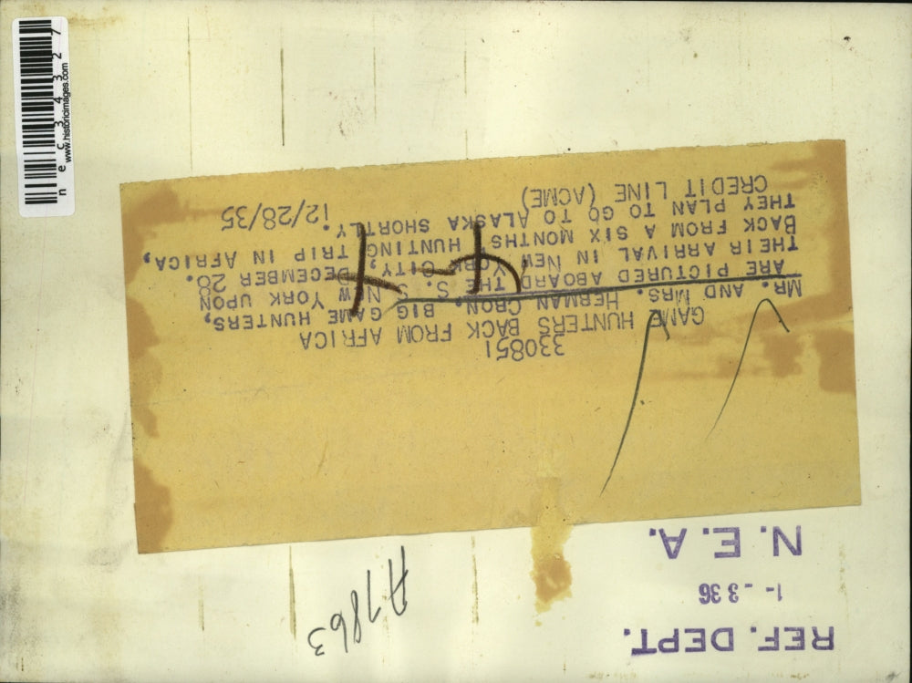 1935 Press Photo Herman Cron And Wife Game Hunters Back From Africa