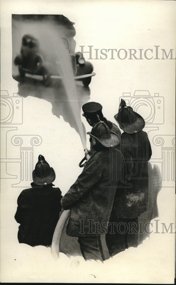 1934 Press Photo Waukegan Firemen try in vain to stop a Studebaker with water