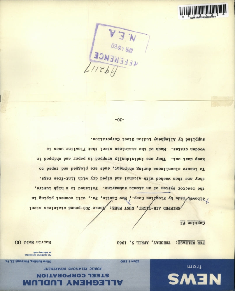 1960 Press Photo 205 pound stainless steel elbows made by Flowline Corp