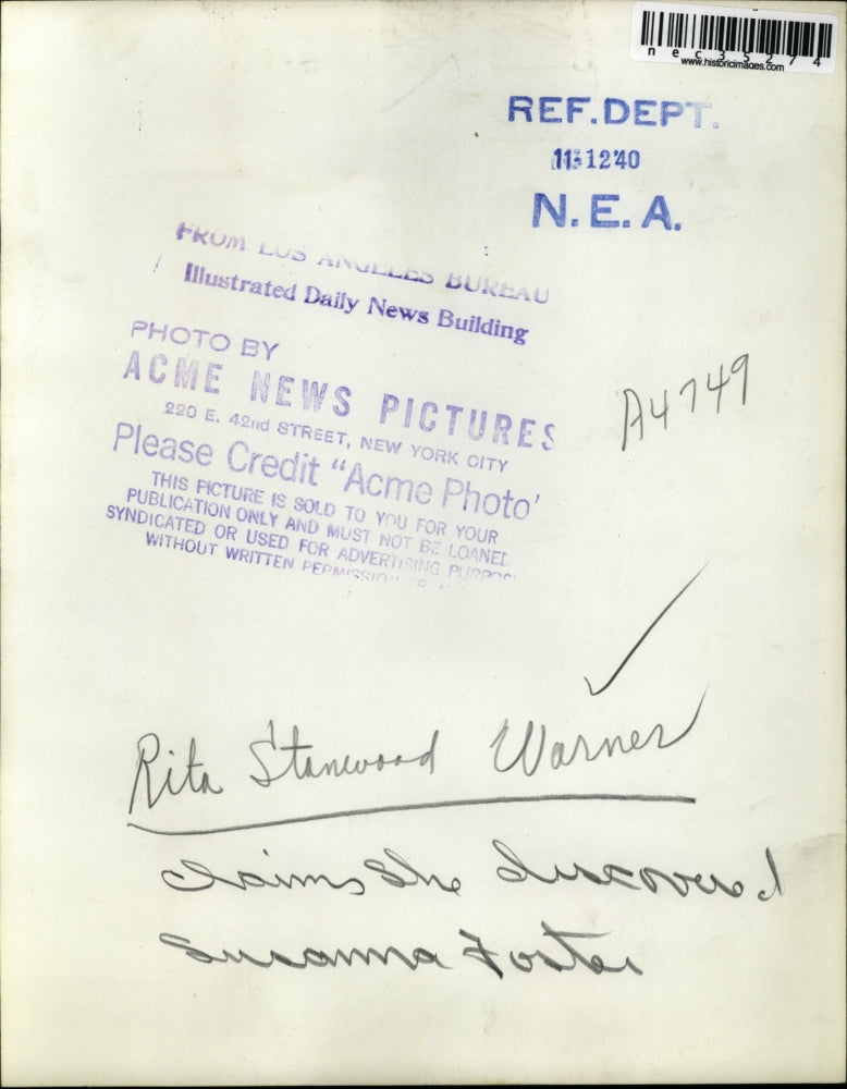 1940 Press Photo Rita Stanwood Warner claims she discovered Sucuma Foster