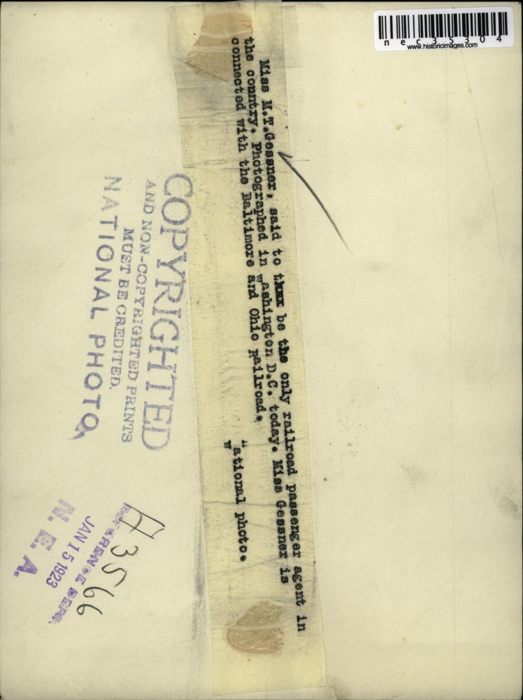 1923 Press Photo MS. M T Gessner is the only railroad passenger agent in the US