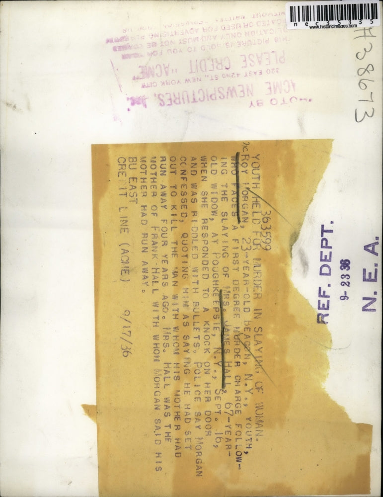 1936 Press Photo Youth held for murder in slaying of woman. Roy Morgan