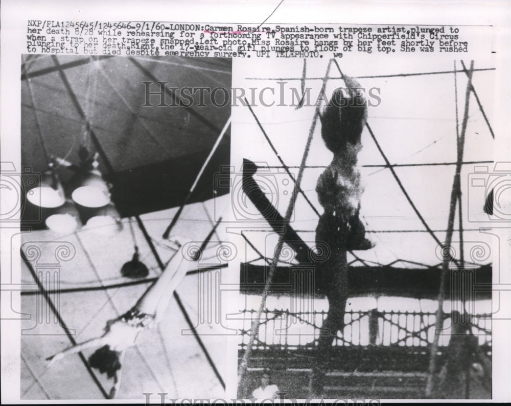 1960 Press Photo Carmen Rosaie plunges to death while practicing trapeze, strap