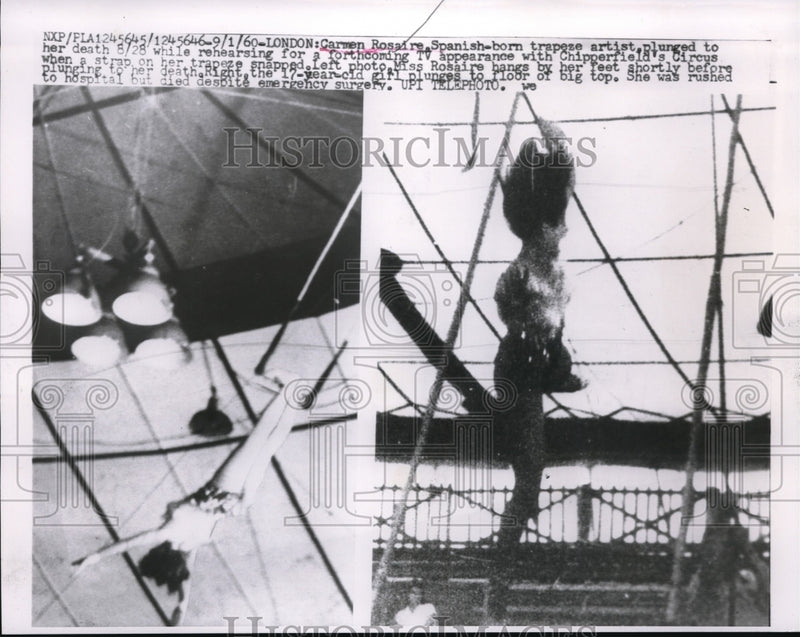 Load image into Gallery viewer, 1960 Press Photo Carmen Rosaie plunges to death while practicing trapeze, strap
