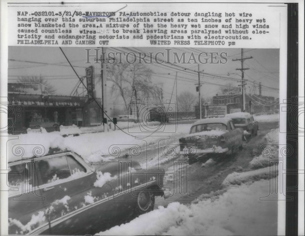 1958 Press Photo Waverton, Hot wires down after snowstorm - nec36654