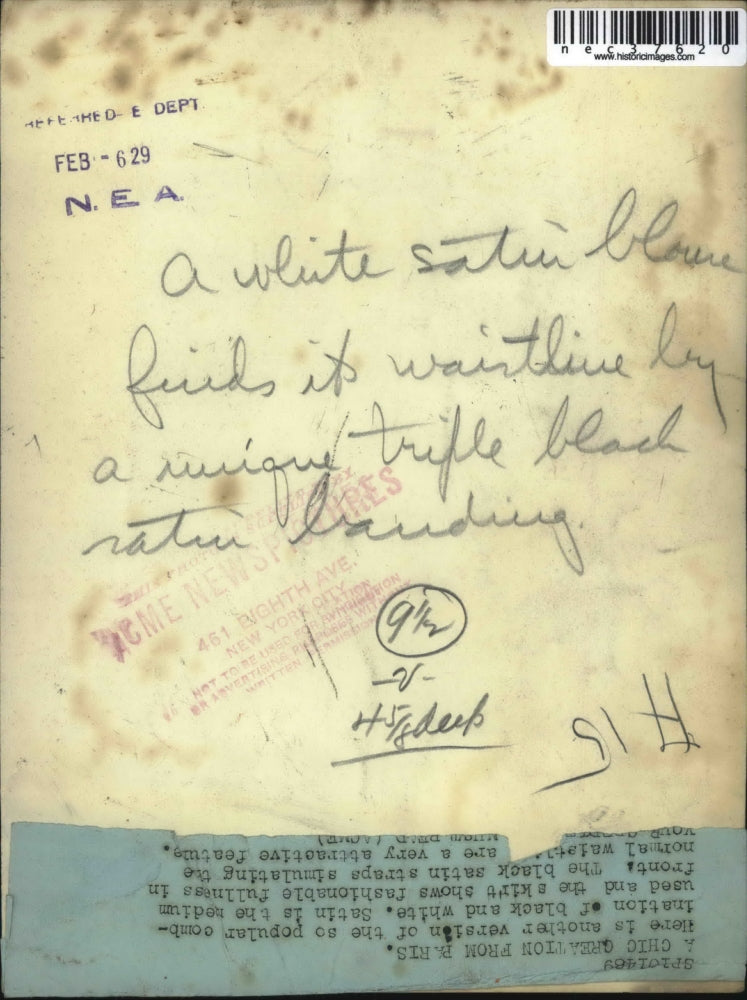 1929 Press Photo Model Wearing White Satin Blouse With Triple Black Braiding