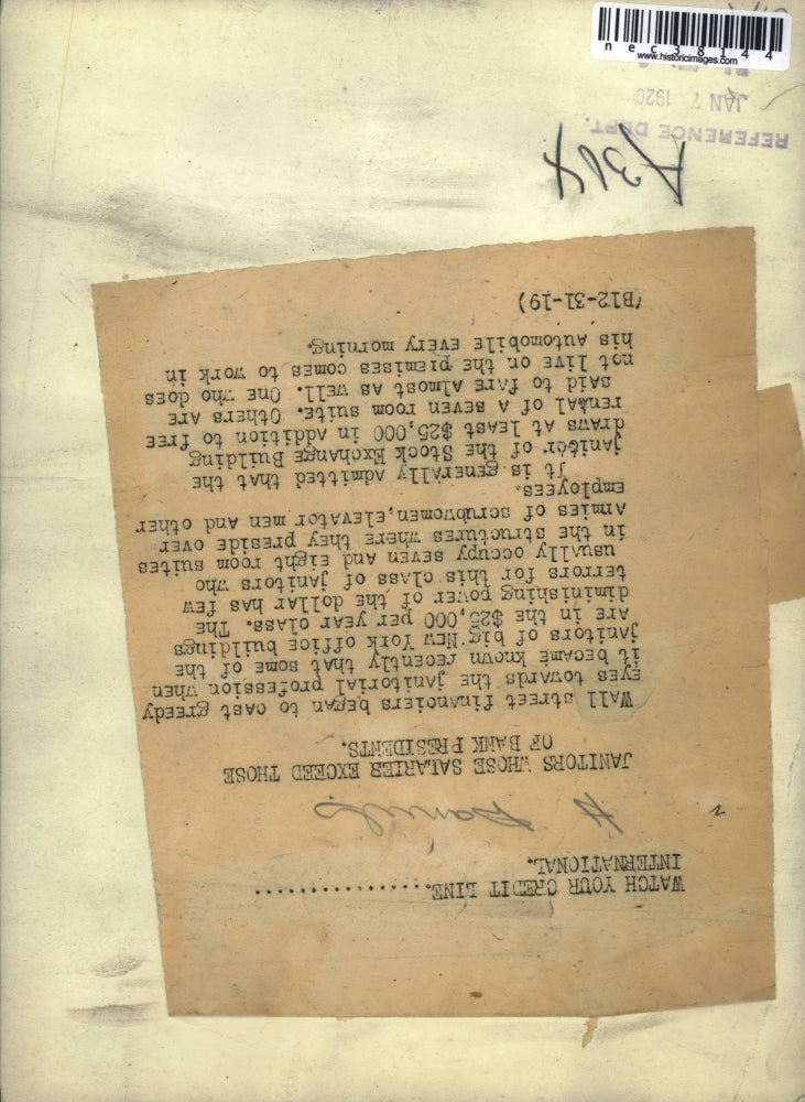 Load image into Gallery viewer, 1919 Press Photo Janitors in Big NY Offices Make More Money than Bank Presidents
