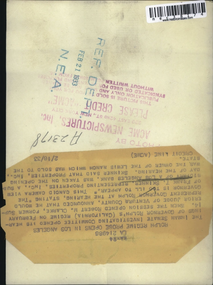 1933 Press Photo Frank Skinner Representing Properties Inc of LA Bank