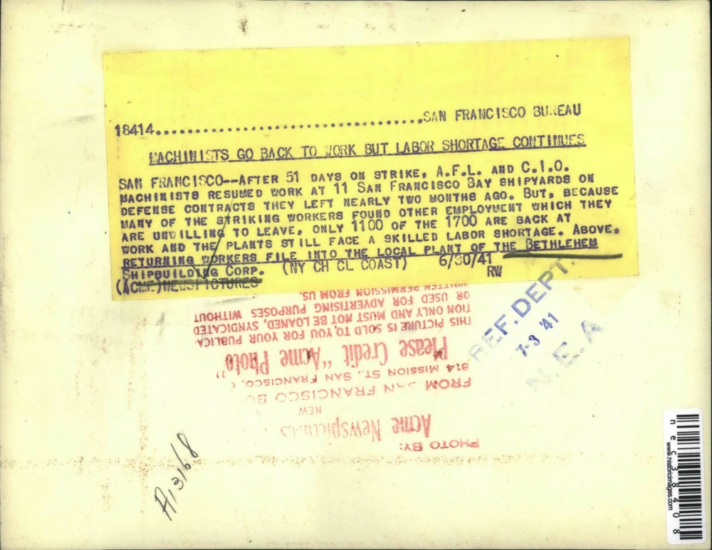 1941 Press Photo Machinist go back to work - nec38408