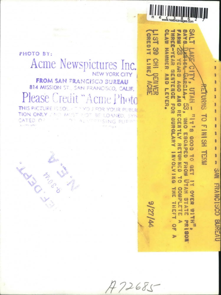 1944 Press Photo Daniel Garcia who escaped from Utah State Prison