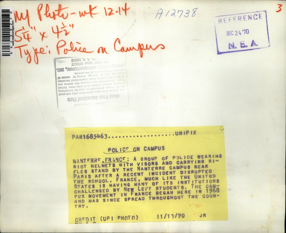 1970 Press Photo Nanterre, France Police On Campus