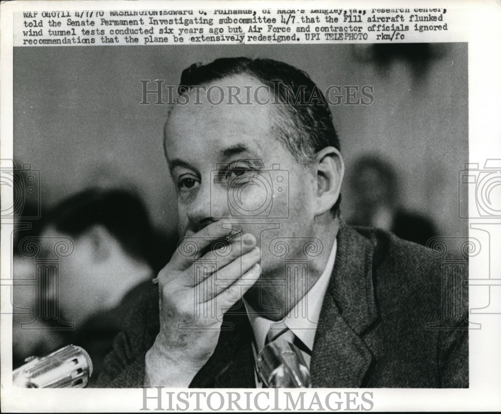1970 Press Photo Edward Polhamus Tells Senate About Ignored Flunked Aircraft