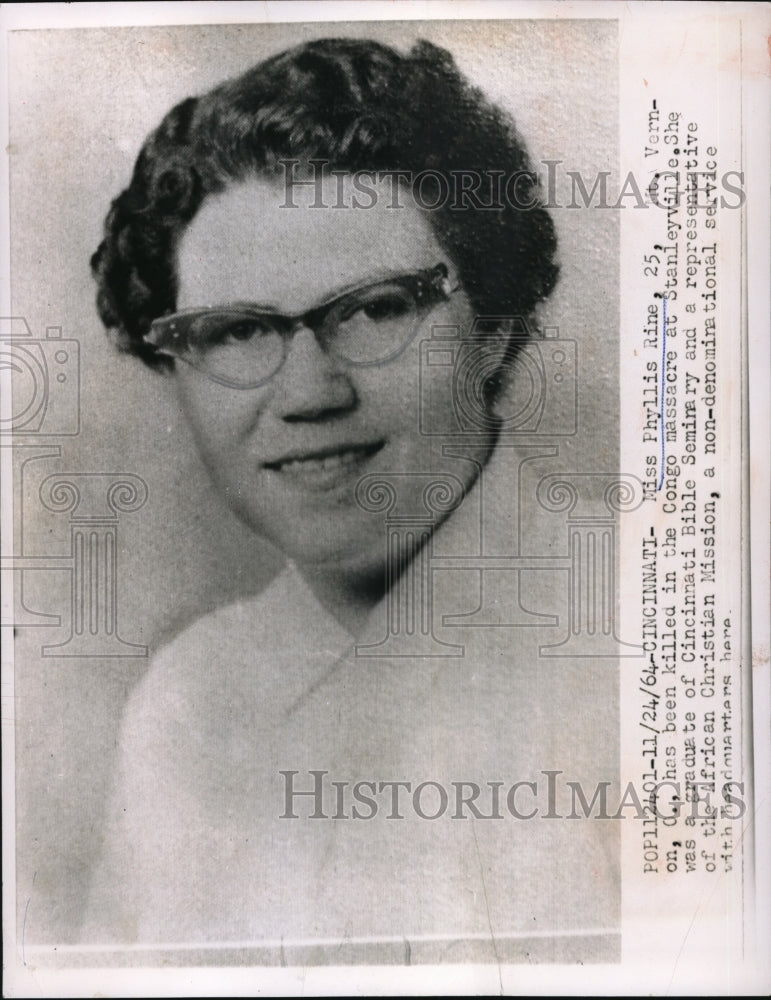 Load image into Gallery viewer, 1964 Press Photo Miss Phyllis Rine killed in the Congo Massacre at Stanleyville
