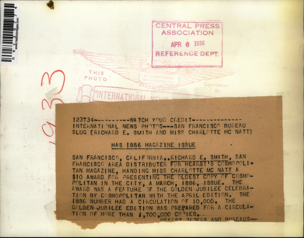 1936 Press Photo Oldest copy Cosmopolitan Magazine earns $10 for owner