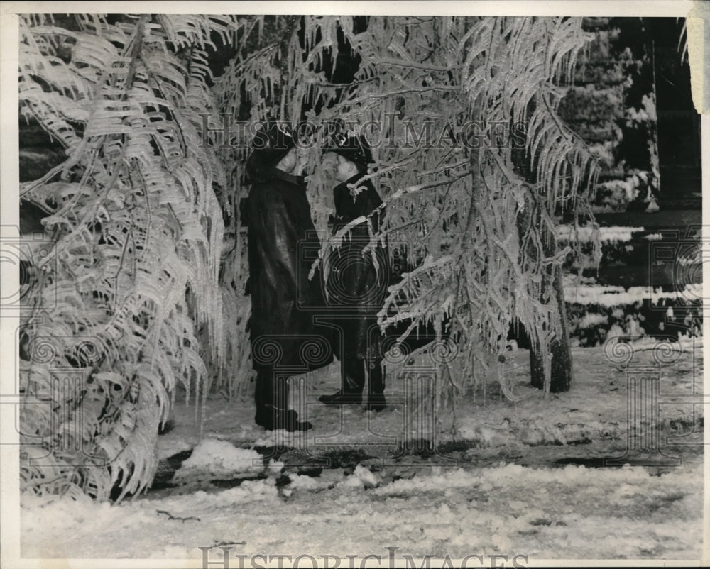 1939 Press Photo Two Firemen Under Tree Covered With Ice