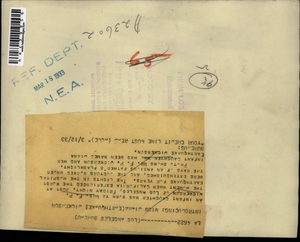 1933 Press Photo Mrs. F.P. Wickerson, infant Daughter born during earthquake