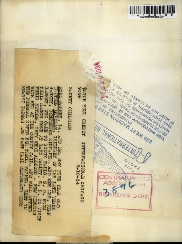 1934 Press Photo Echo & Orville, children of confessed kidnapper Mrs. Sankey