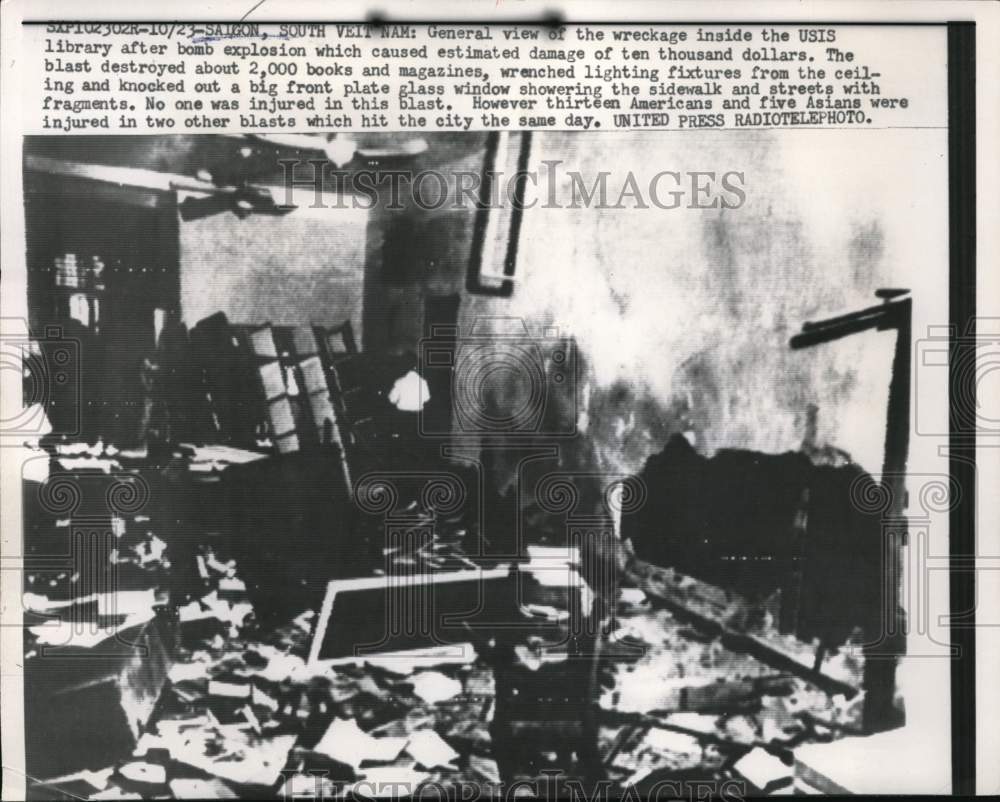 1957 Press Photo View of bomb wreckage inside USIS library in Saigon, Vietnam- Historic Images