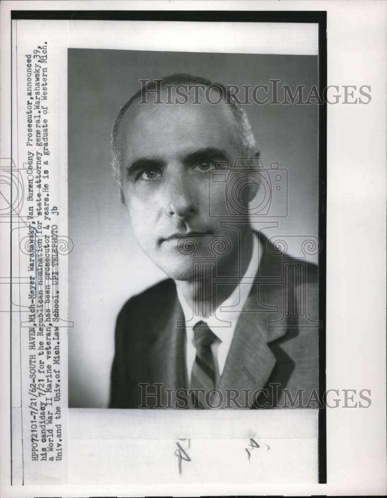 1962 Press Photo Meyer Warshawsky, WWII veteran and Van Buren Co. MI Prosecutor- Historic Images