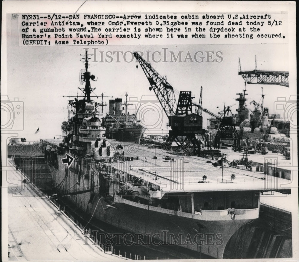1949 Press Photo Aircraft carrier Antietam where Cmdr Rigsbee was found dead
