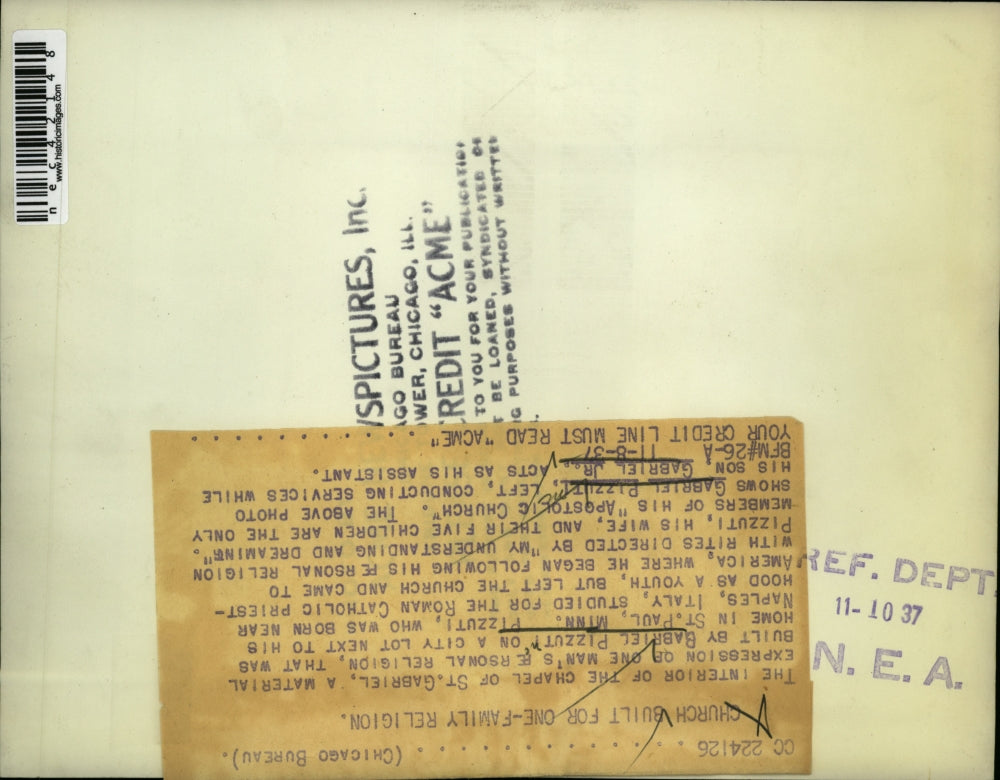 1937 Press Photo Chapel of St Gabriel, G Pizzuti & son Gabriel Jr