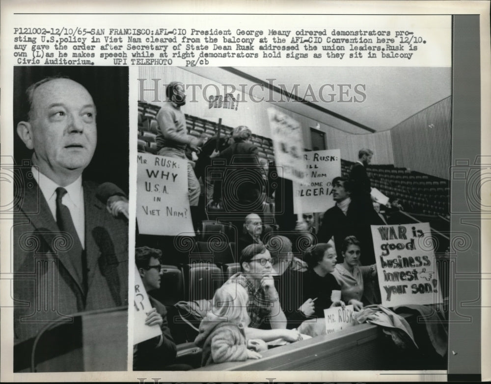 1965 Press Photo San Francisco AFL-CIO Pres George Meany & protestors