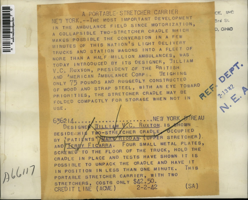 1942 Press Photo William Ruxton Two-Strecher Cradle, Mary Riodan & Terry Ficarra