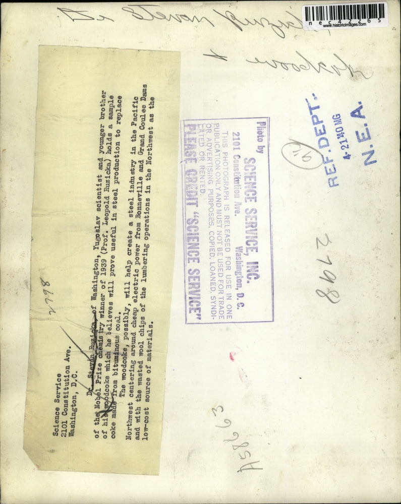 1940 Press Photo Dr Steven Ruzicka Yugoslav scientist holds woodcvoke to replace