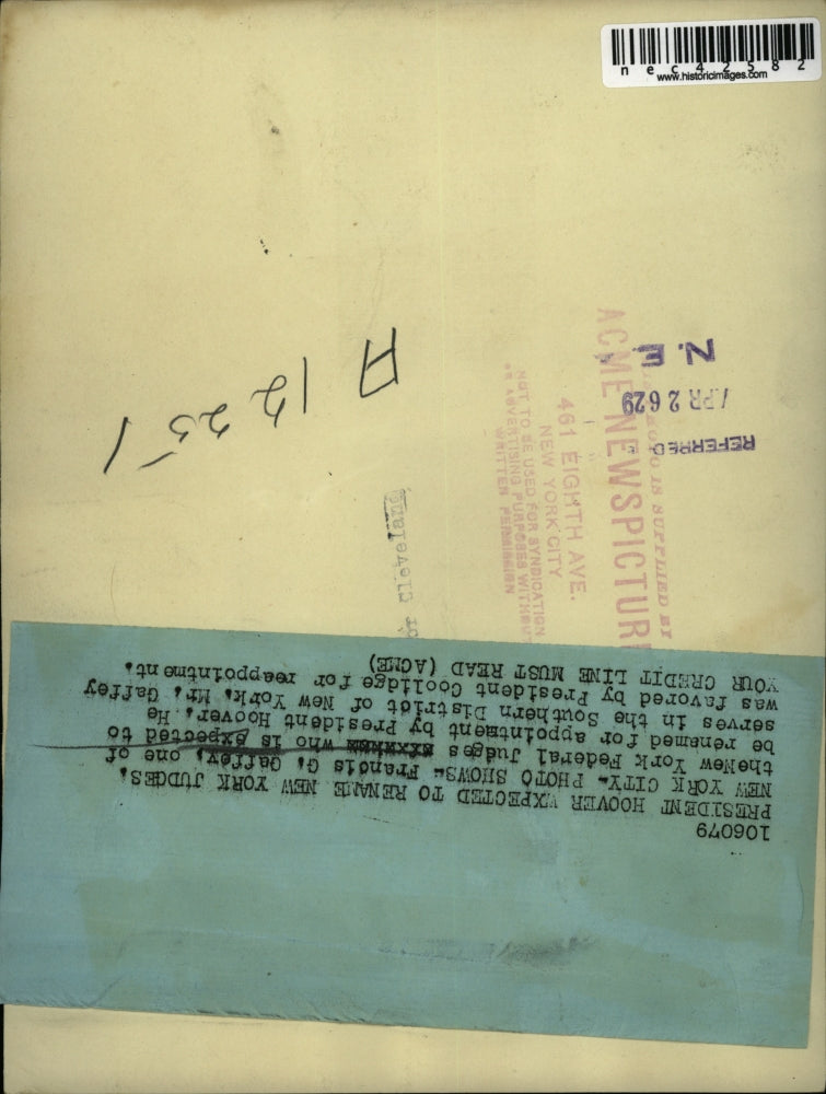 1929 Press Photo NYC, Francis G Gaffey, NY Federal Judge