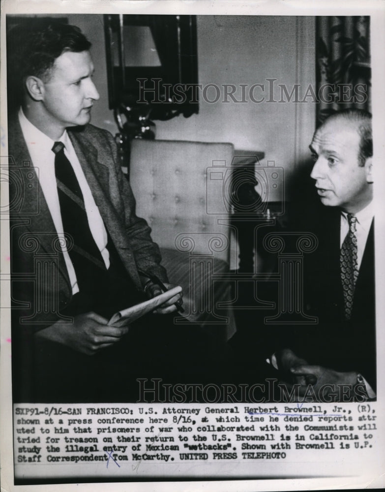 1953 Press Photo San Francisco, US Atty Gen Herbert Brownell Jr & UPI McCarthy- Historic Images