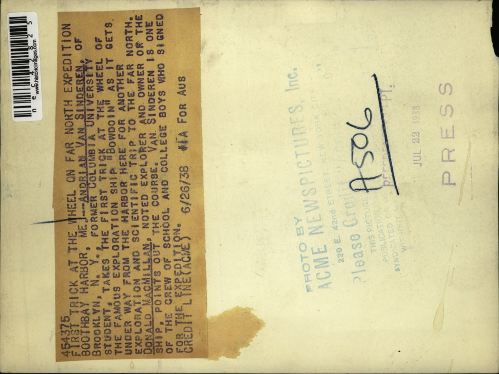 1938 Press Photo Andrian Van Sinderen On Famous Ship Bowooin & Donald McMillian