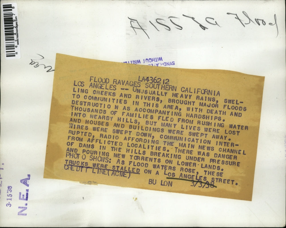 1938 Press Photo Trucks Stalled in Flood Waters in Los Angeles Due Heavy Rains