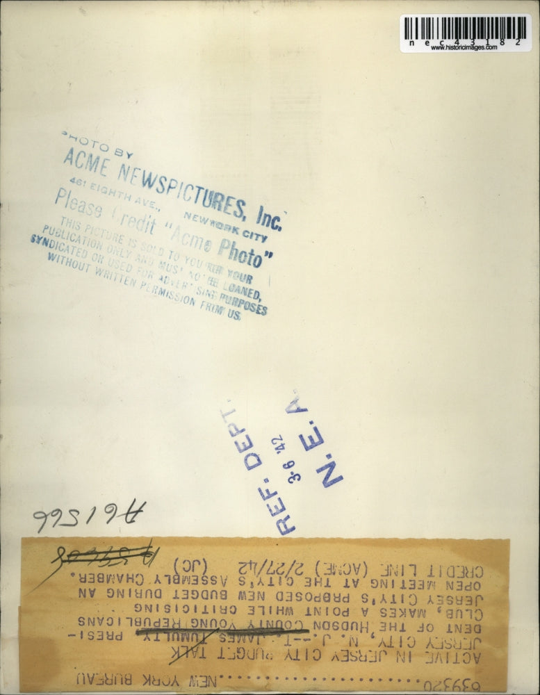 1942 Press Photo T. James Tumulty, President Hudson County Young Republicans