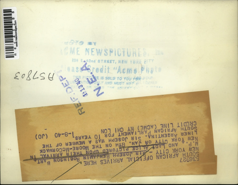 1940 Press Photo Sir Joseph Benjamin Robinson Bart and Lady Alice on New York