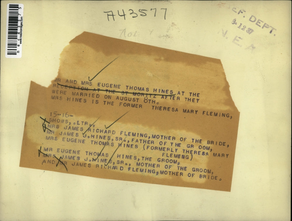 1937 Press Photo Mr. and Mrs. Thomas Hines' wedding reception at St. Moritz