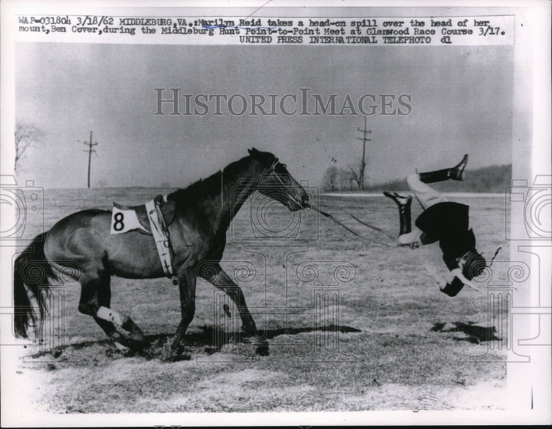 Load image into Gallery viewer, 1962 Press Photo Marilyn Reid takes a head-on spill while riding a horse.
