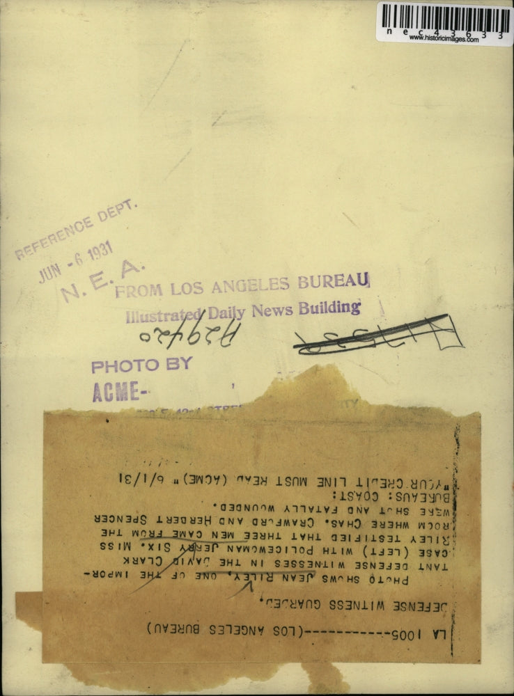 1931 Press Photo Jean Riley, cop Jerry Six, witness at LA, Cal. trial