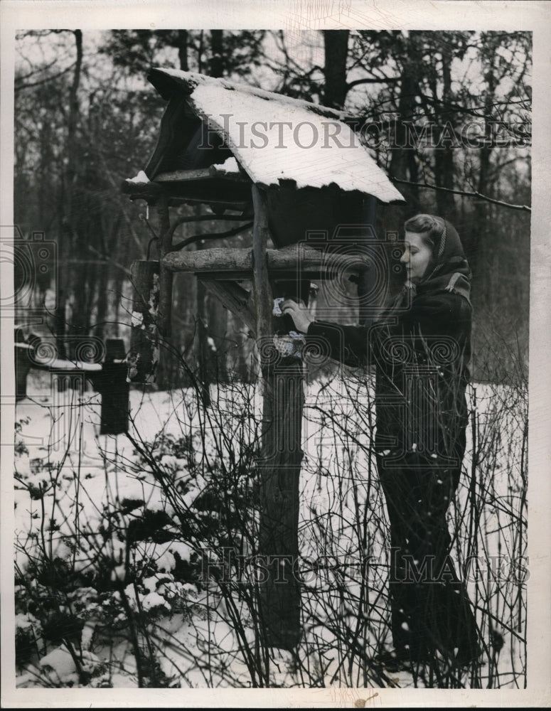 Load image into Gallery viewer, 1950 Press Photo Margaret Rudy at Brecksville trailside bird feeder in Ohio
