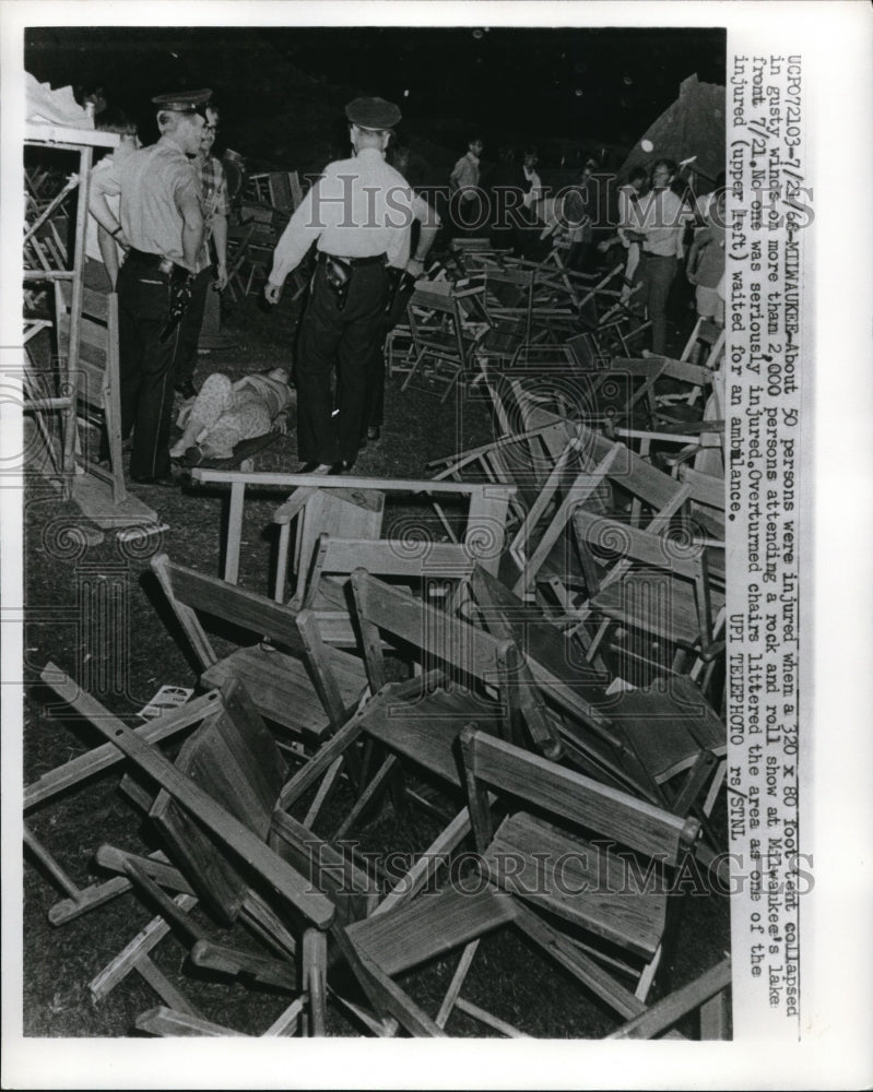 1968 Press Photo Milwaukee, Wis destruction caused by high winds at rock festiva