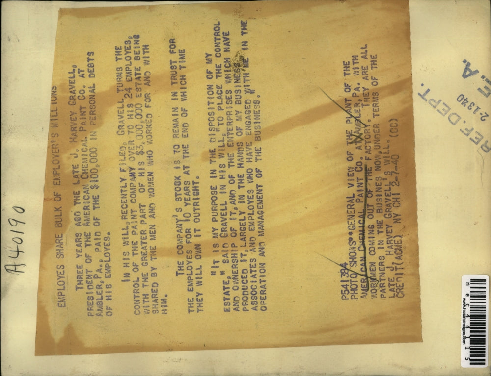 1940 Press Photo J Harvey Gravell, Ambler, PA, Leaves Wealth to Employees