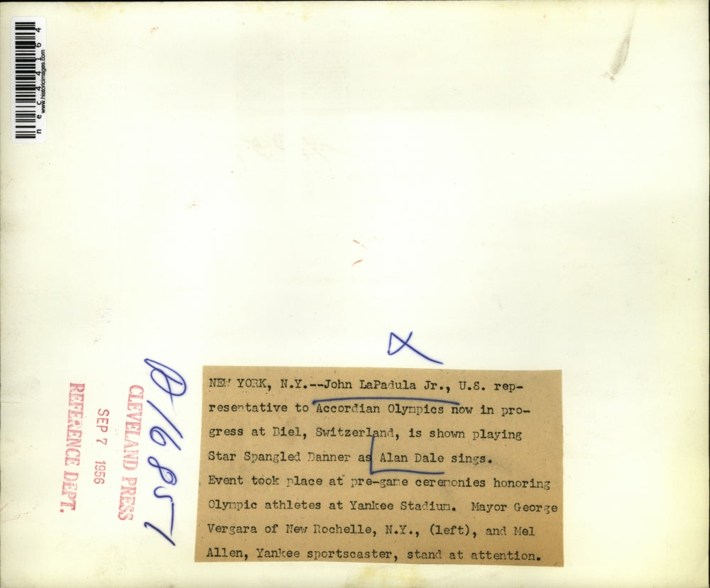 1956 Press Photo NYC,John LaPadula Jr, Accordian Olympics,A Dale, Mayor Vergara