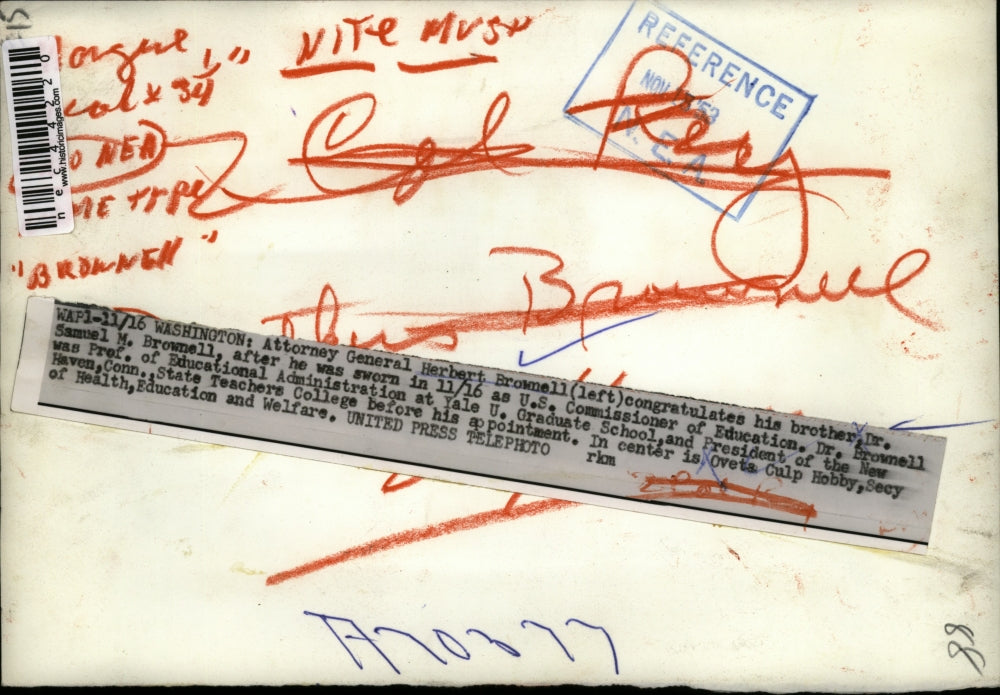 1953 Press Photo Attorney General Herbert Brownell United States Samuel Brownell