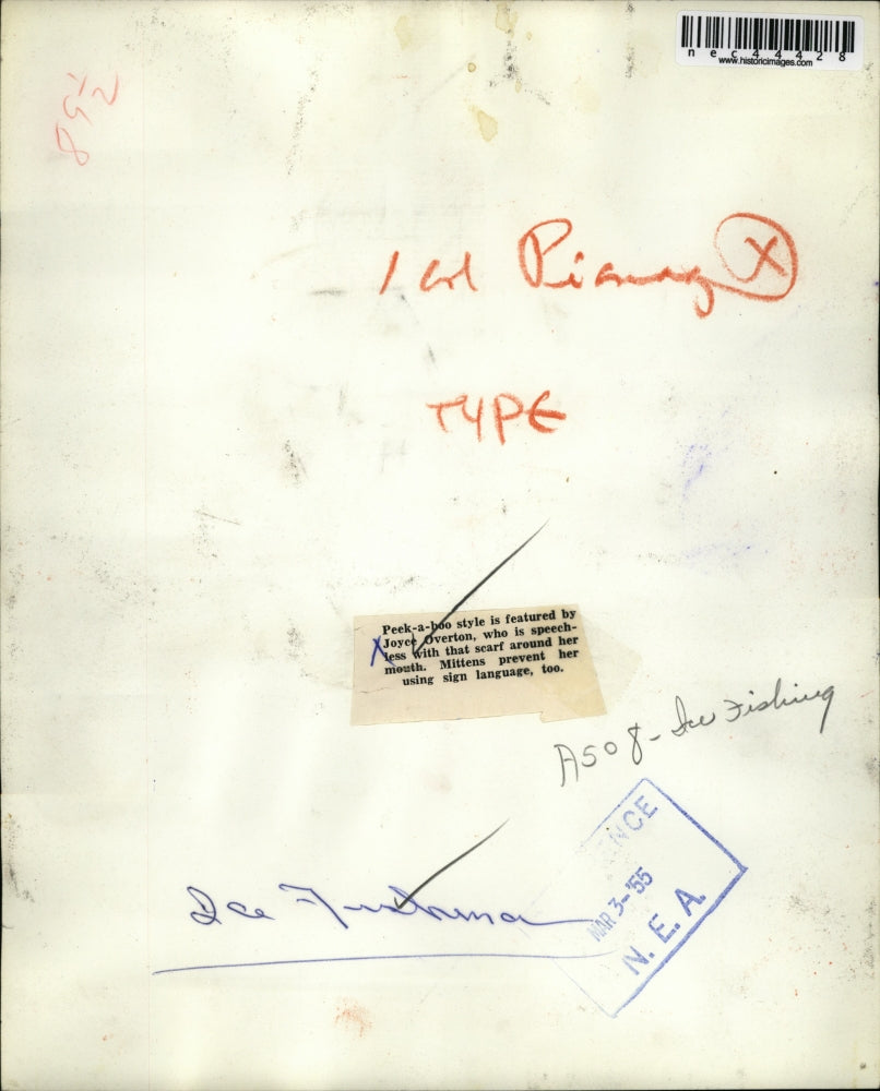 1955 Press Photo Joyce Overton With Mittens, Coat and Scarf, Ice Fishing