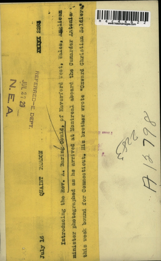 1929 Press Photo A. Baring Gould, Anglican Minister Arrives in Montreal