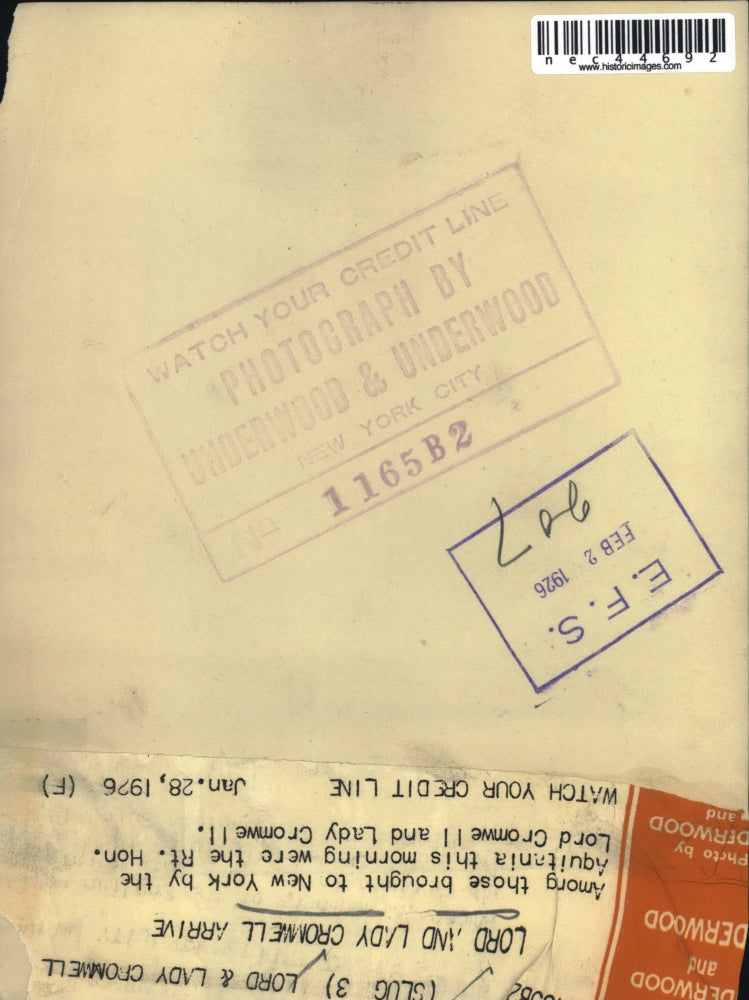 1926 Press Photo Lord & Lady Cromwell arrive in NYC on the Aquitania