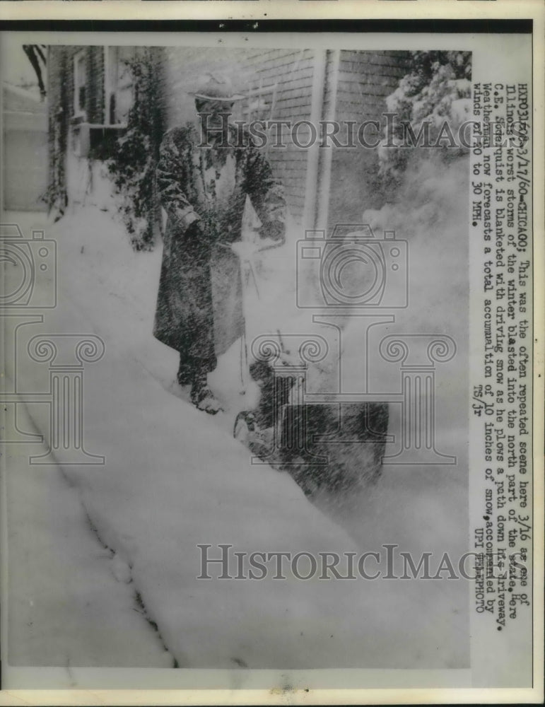 1960 Press Photo Chicago, Ill CE Somerquist clears snow with a snow blower- Historic Images