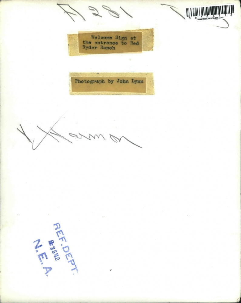 1942 Press Photo Welcome sign at entrance to Ryder Ranch