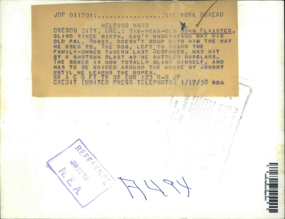 1958 Press Photo Blind Six Year Old John Plaisted With His Dog Muggs